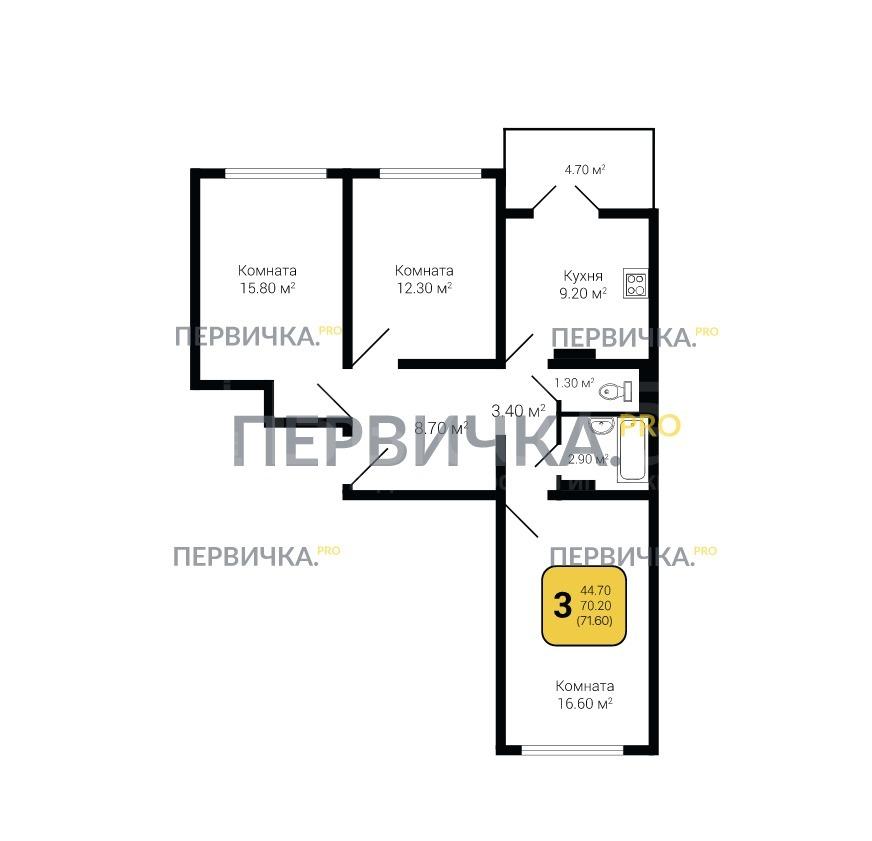 Фото 3 комнатная квартира 77.31 м2 этаж 3/25 в новостройке в ЖК «Современник»: 13