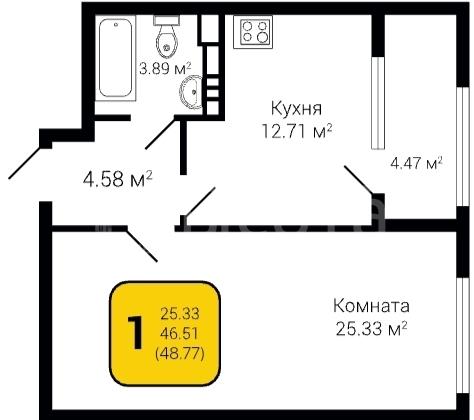 Фото 1 комнатная квартира 48.7 м2 этаж 4/25 в новостройке в ЖК «Гран-При»: 1