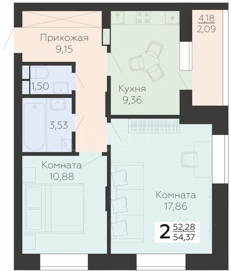 Фото 2 комнатная квартира 54.37 м2 этаж 14/23 в новостройке в ЖК «Галактика 2|3»: 9