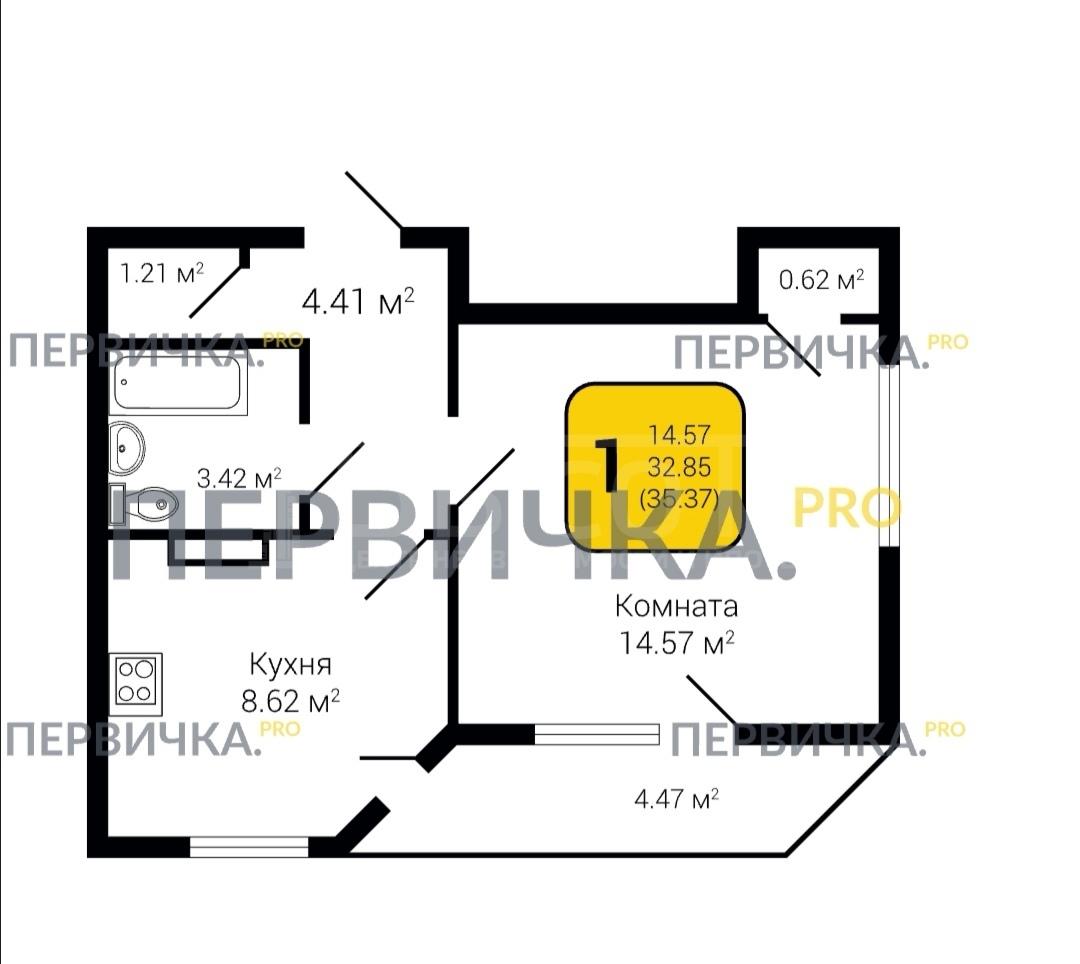 Фото 1 комнатная квартира 35.37 м2 этаж 2/17 в новостройке в ЖК «Авиатор-2»: 8