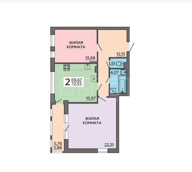 Фото 2 комнатная квартира 70.4 м2 этаж 6/10 в новостройке в ЖК «Гагаринский 2»: 1