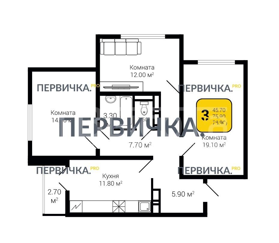 Фото 3 комнатная квартира 76.9 м2 этаж 13/17 в новостройке в Жилой микрорайон «Черемушки»: 16