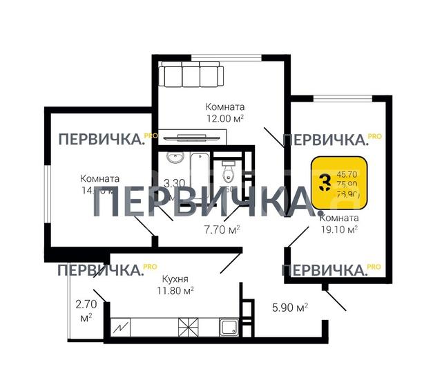 Фото 3 комнатная квартира 76.9 м2 этаж 13/17 в новостройке в Жилой микрорайон «Черемушки»: 16