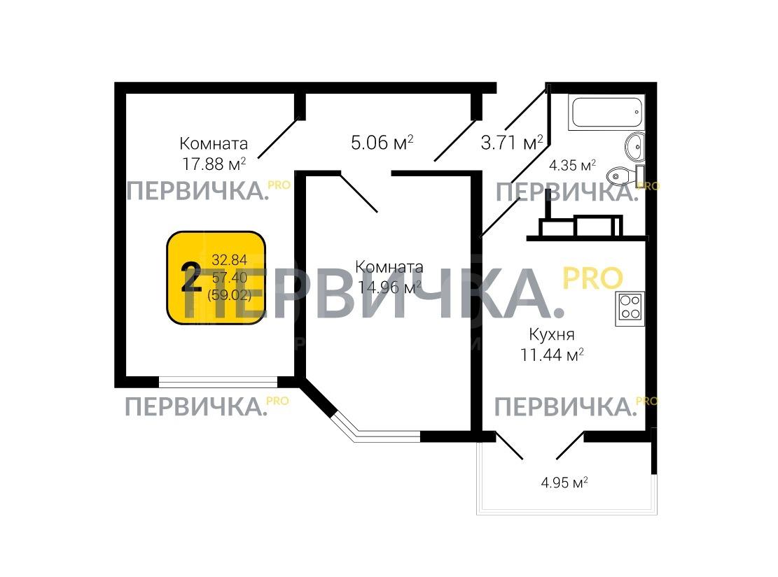 Фото 2 комнатная квартира 59.02 м2 этаж 4/25 в новостройке в ЖК «Современник»: 11