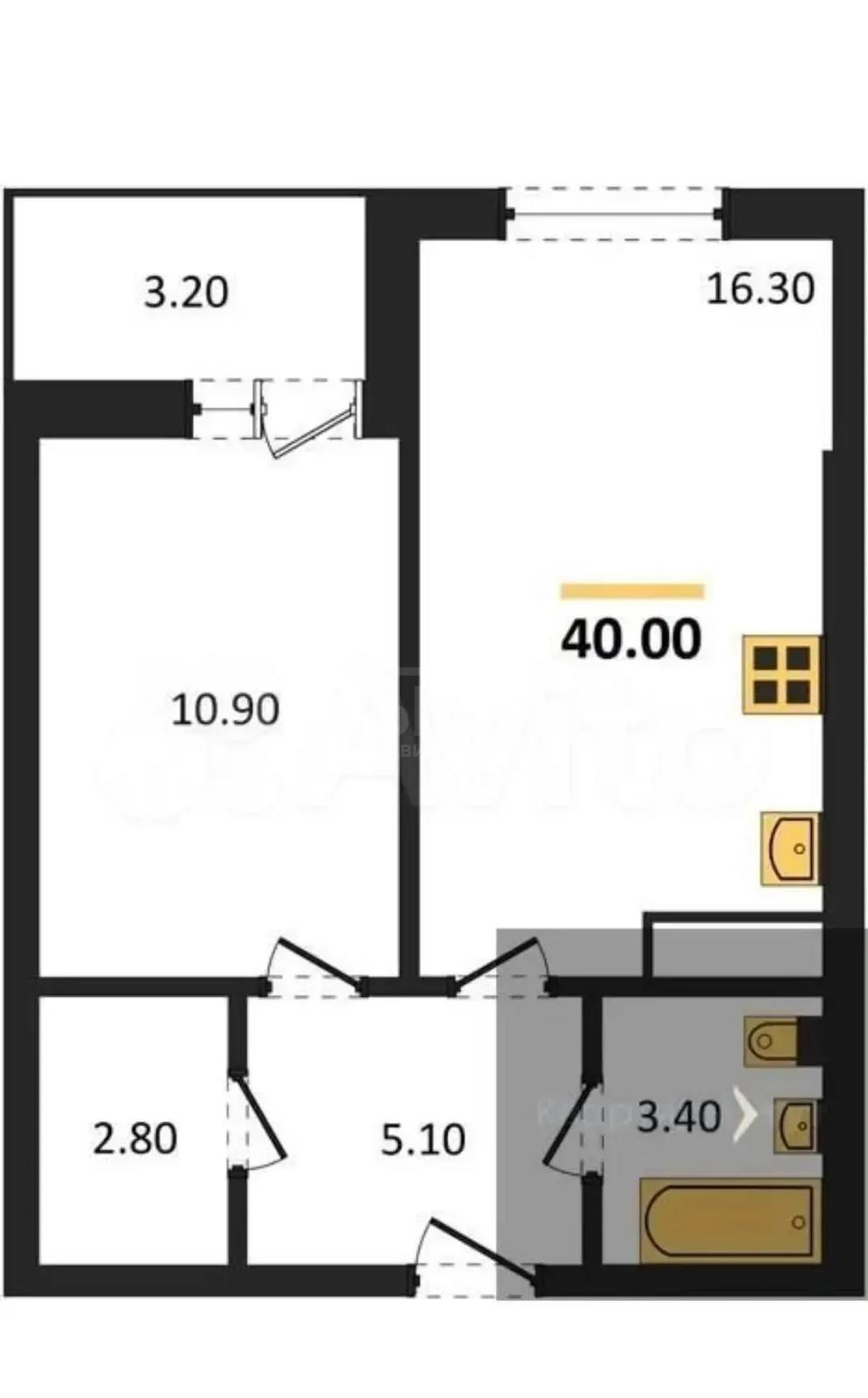 Фото 1 комнатная квартира 40 м2 этаж 18/18: 11