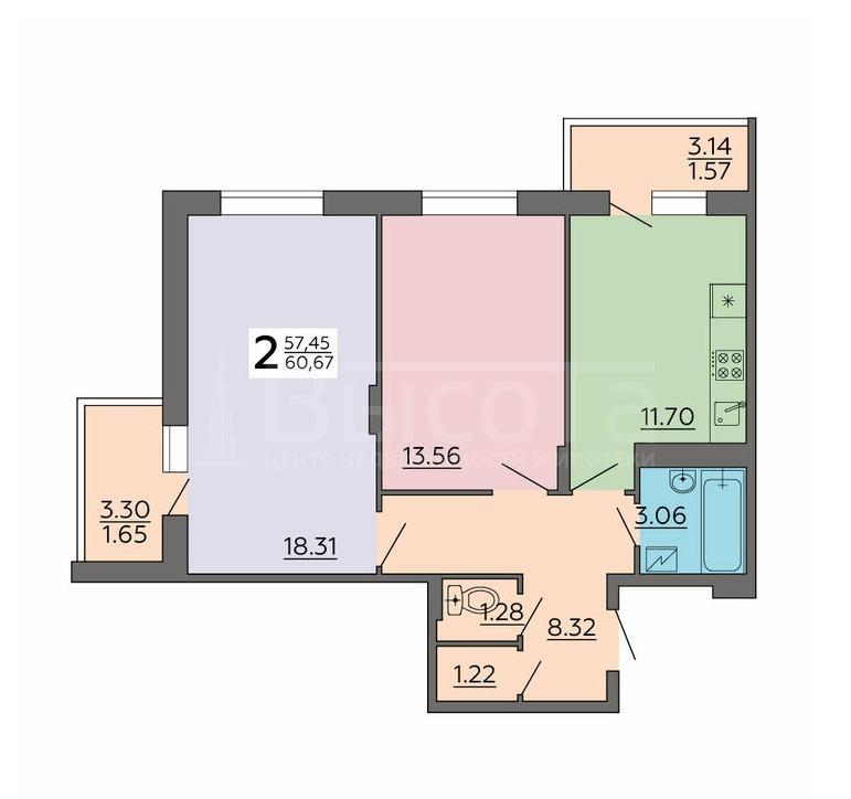 Фото 2 комнатная квартира 60.67 м2 этаж 5/17 в новостройке в ЖК «Авиапарк»: 1