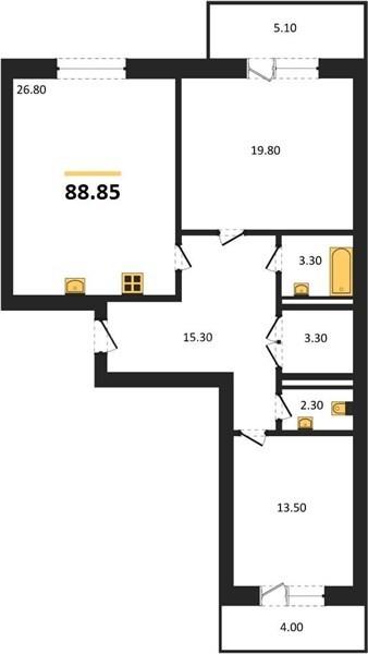 Фото 2 комнатная квартира 88.85 м2 этаж 2/4: 1