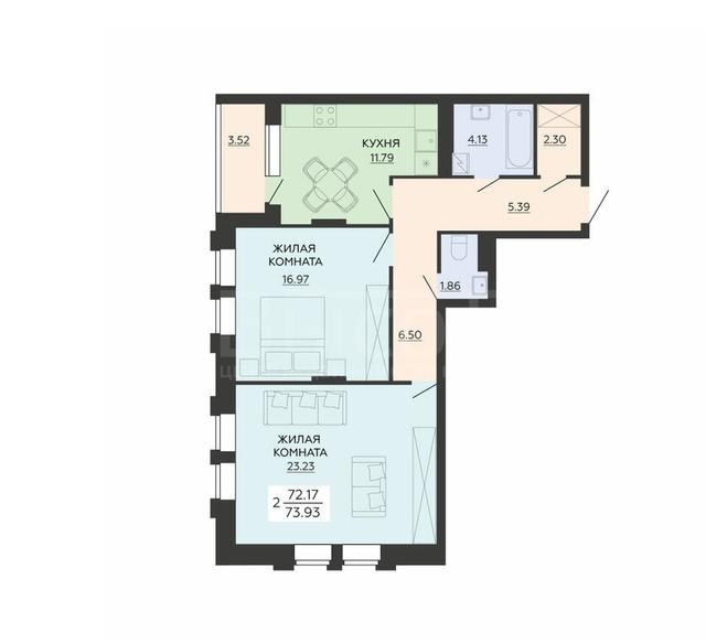 Фото 2 комнатная квартира 71.6 м2 этаж 7/21 в новостройке в ЖК «Маяковский»: 1