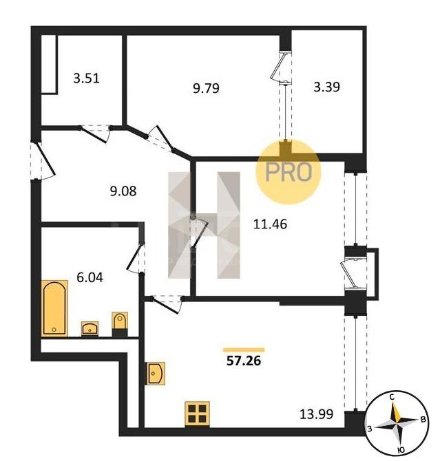 Фото 2 комнатная квартира 57.26 м2 этаж 15/21: 1